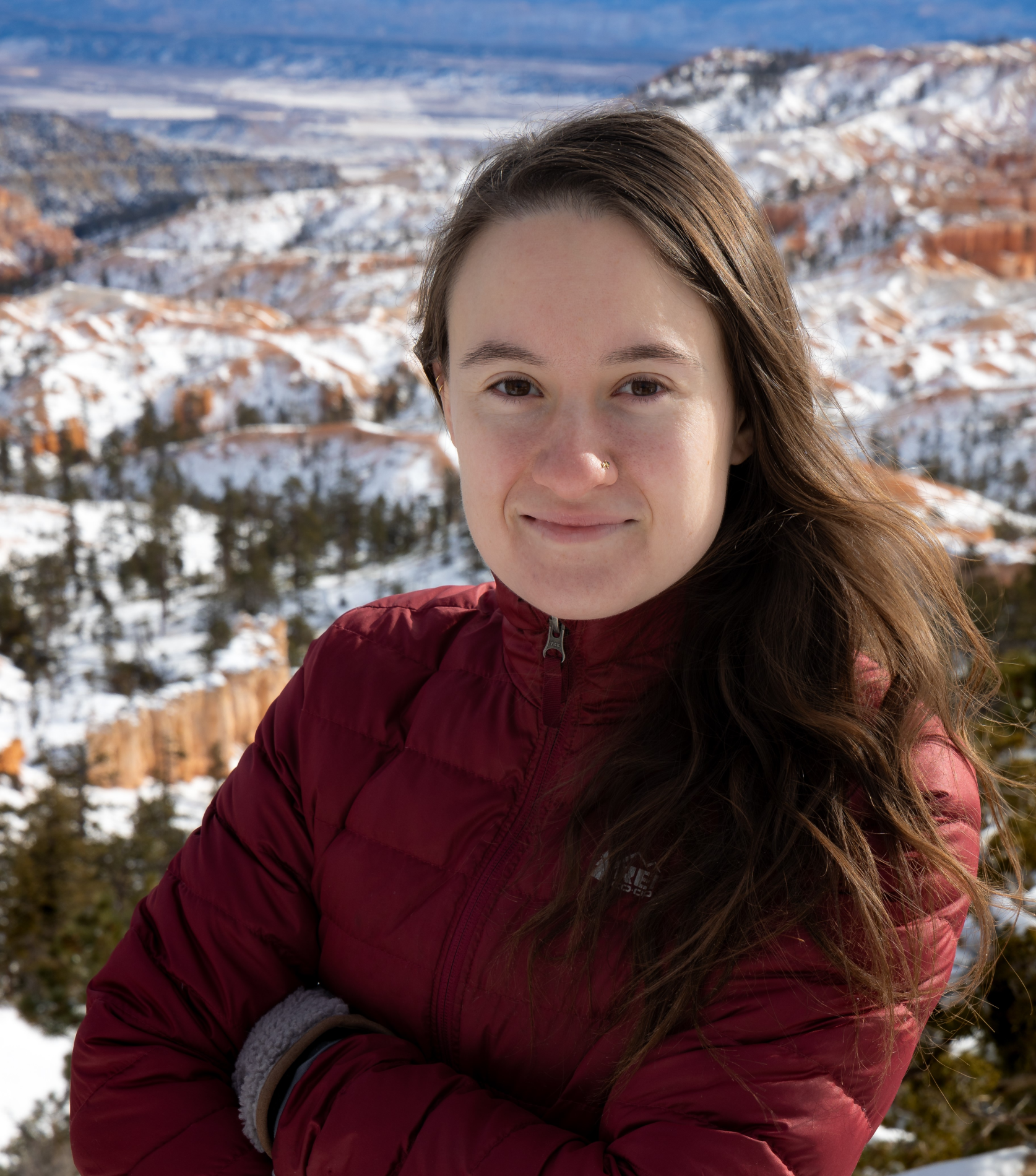 The image shows a snow-covered landscape with red, rocky cliffs in the distance, likely a winter scene in a desert or mountainous area.

AI-generated content may be incorrect.